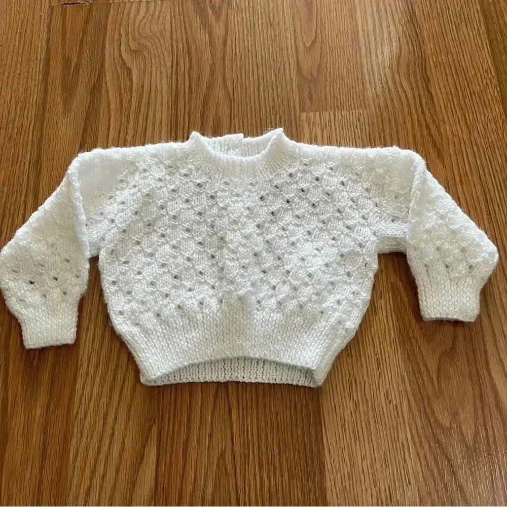Hand Knitted Baby Sweater White Unisex 3/6 Months Approx